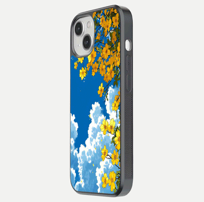 Golden Petal Sky Glass Case for iPhone 13 side-angle image showing reflection depth and metallic floral tones