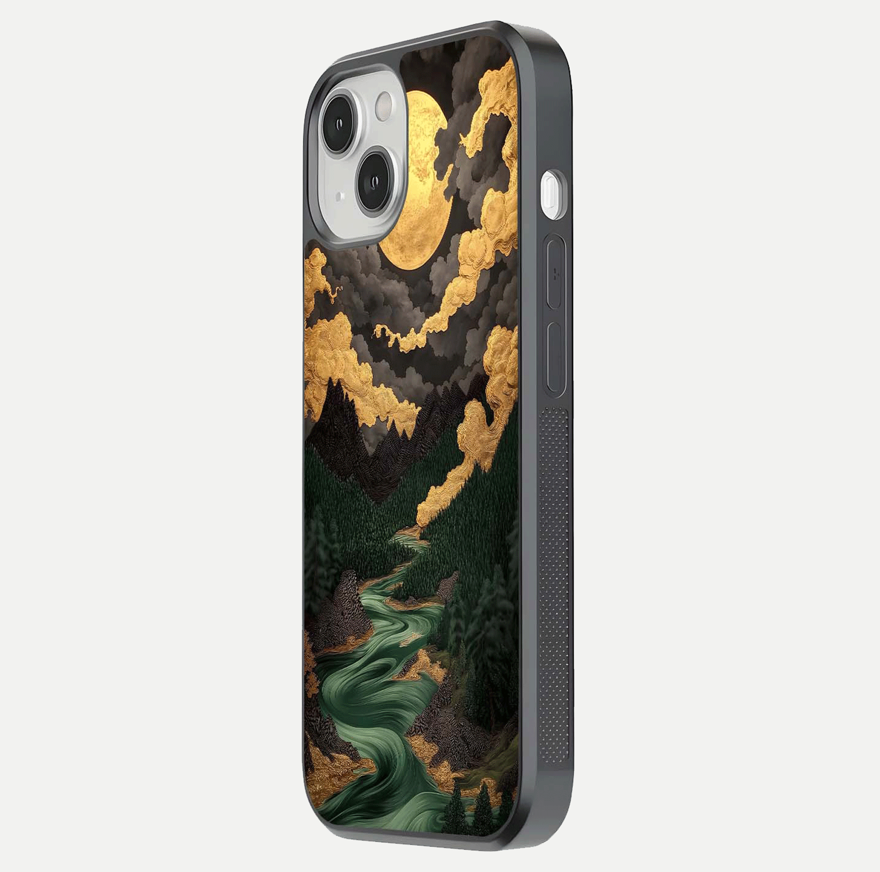 Golden River Moon Glass Case for iPhone 13 side-angle image showing reflection clarity and detailed nightscape