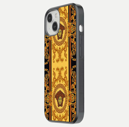 Golden Royal Heritage Glass Case for iPhone 13 side-angle image showing reflection glow and luxury detailing