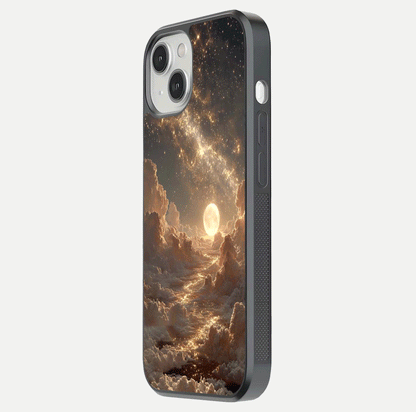 Golden Sky Dream Glass Case for iPhone 13 side-angle image showing reflection shine and smooth surface