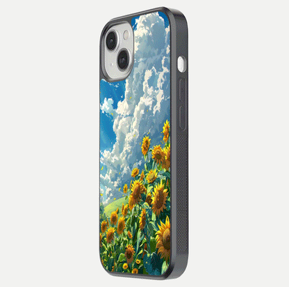 Golden Sun Glory Glass Case for iPhone 13 side-angle image showing reflection glow and luminous texture