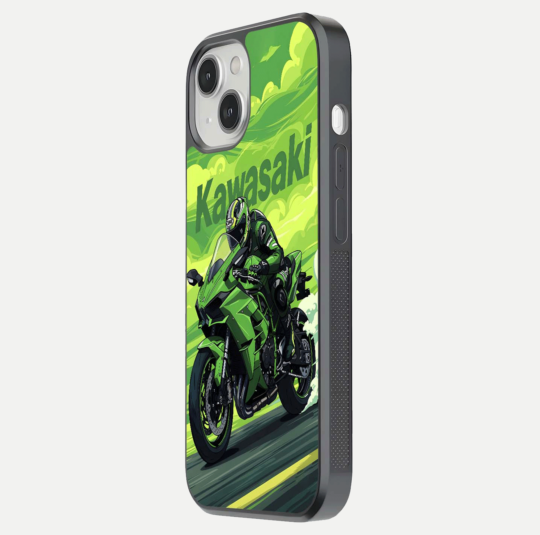 Green Kawasaki Glass Case for iPhone 13 side-angle image showing reflection depth and metallic green accent