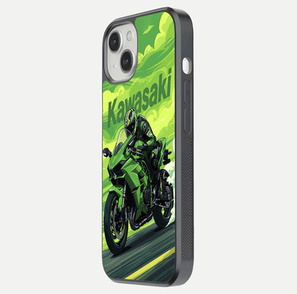Green Kawasaki Glass Case for iPhone 13 side-angle image showing reflection depth and metallic green accent