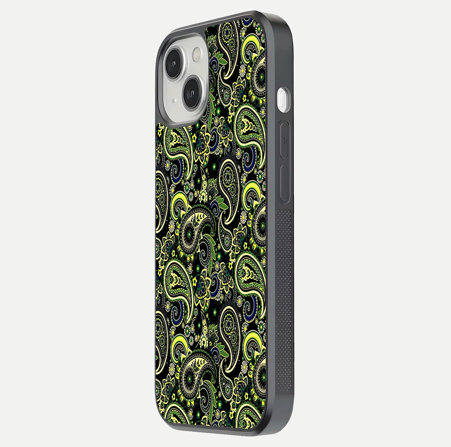 Green Mandala Pattern Glass Case for iPhone 13 side-angle image showing reflection clarity and detailed pattern lines