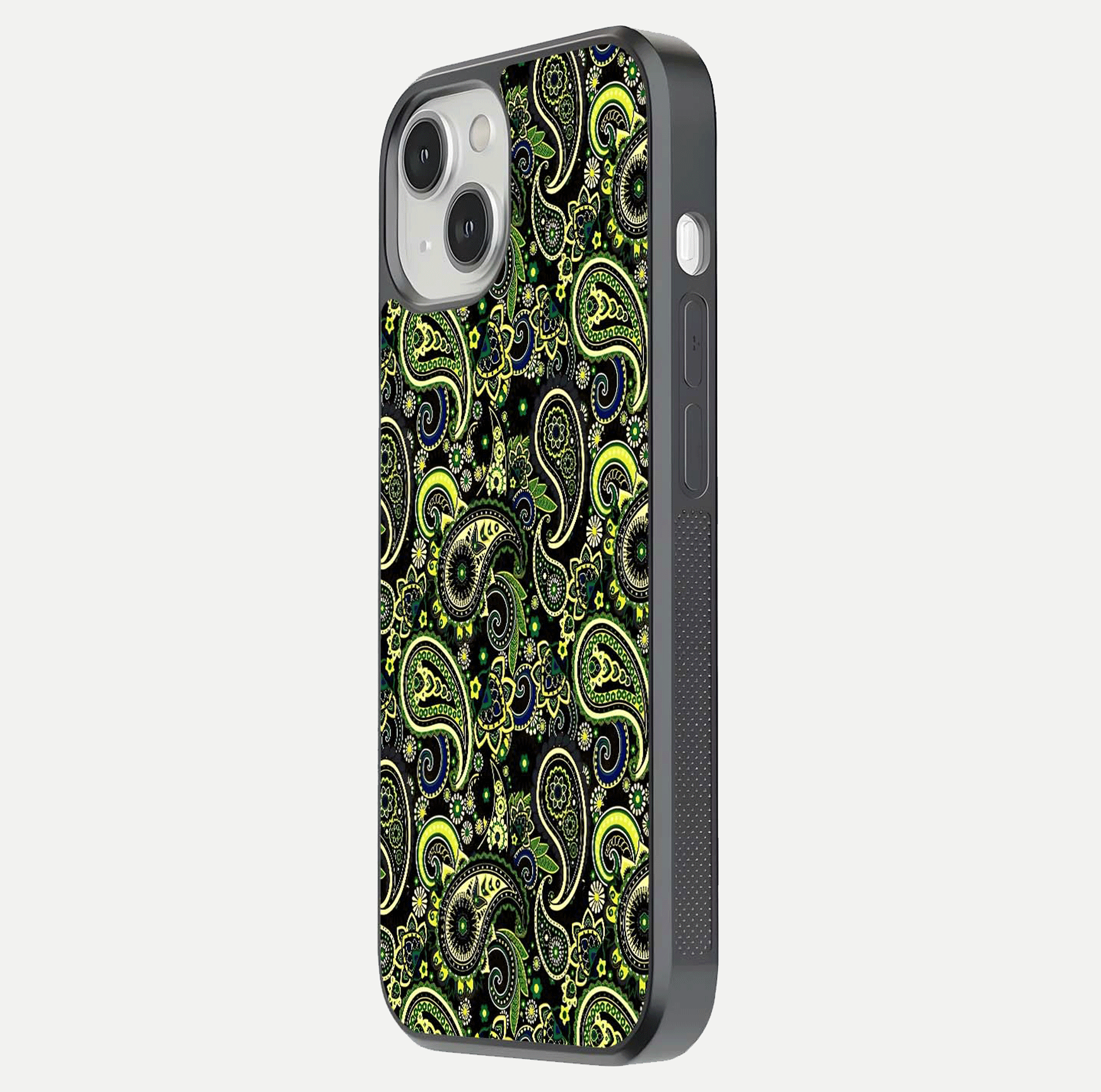 Green Mandala Pattern Glass Case for iPhone 13 side-angle image showing reflection clarity and detailed pattern lines