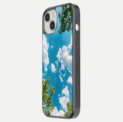 Greenery Sky Glass Case for iPhone 13 side-angle image showing reflection glow and nature-themed pattern