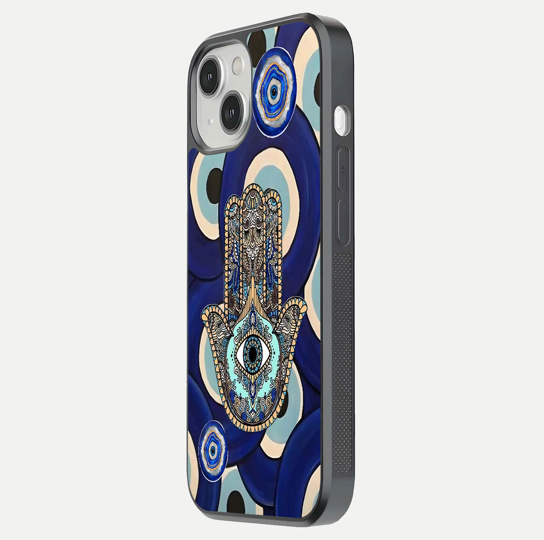 Hamsa Divine Guard Glass Case for iPhone 13 side-angle image showing reflection brilliance and protective design