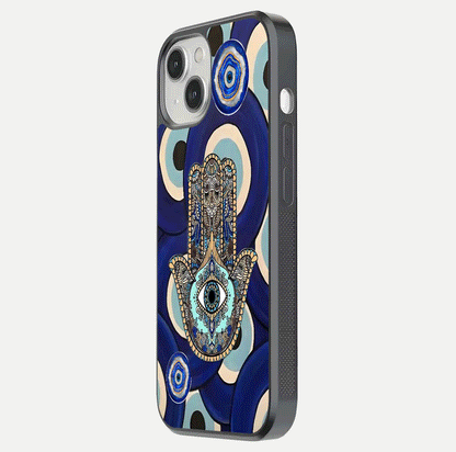 Hamsa Divine Guard Glass Case for iPhone 13 side-angle image showing reflection brilliance and protective design