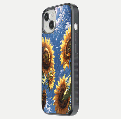 Heavenly Sunflower Rise Glass Case for iPhone 13 side-angle image showing reflection glow and soft yellow tone