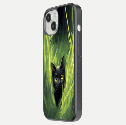 Hidden Cat Whisper Glass Case for iPhone 13 side-angle image showing reflection glow and subtle artistic texture
