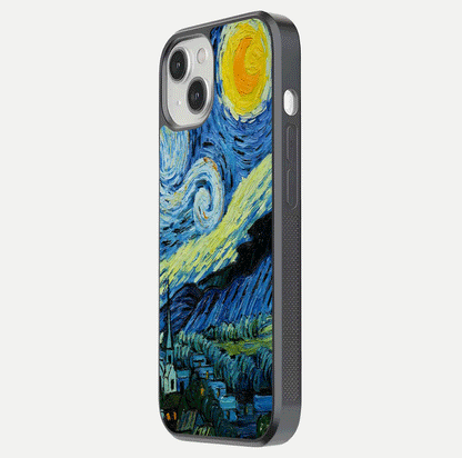 Inspired Van Gogh Art Glass Case for iPhone 13 side-angle image showing reflection brilliance and painted surface look