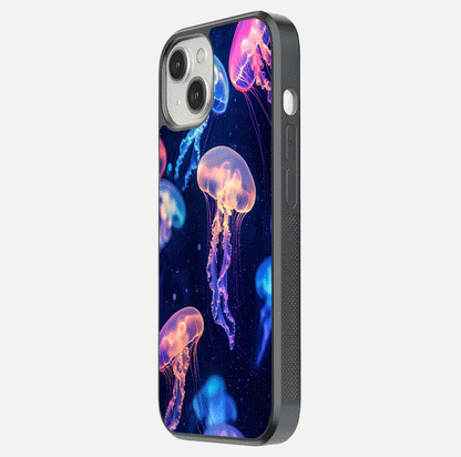 Jellyfish Pattern Glass Case for iPhone 13 side-angle image showing reflection glow and soft water-blue gradient