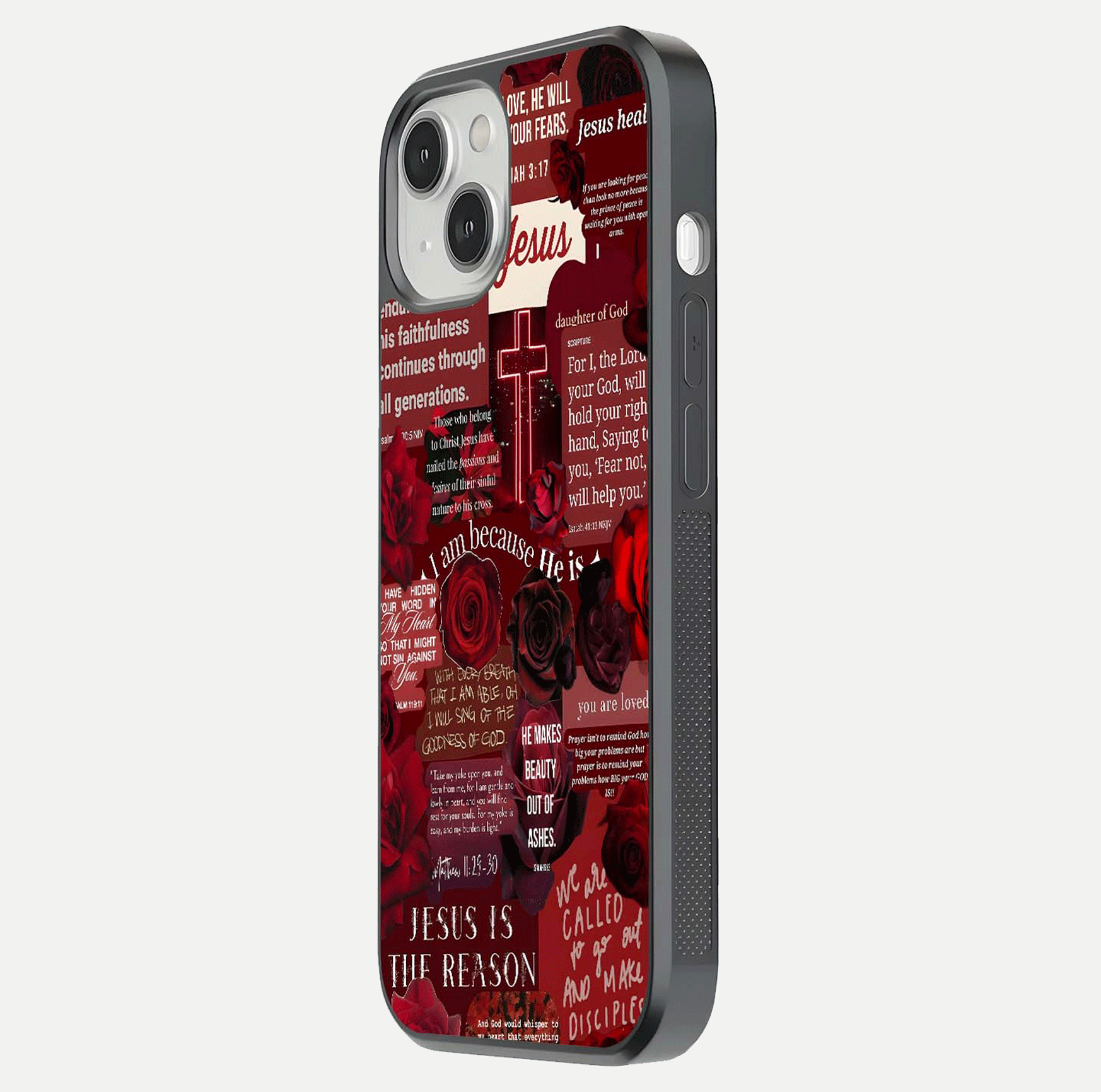 Jesus Love Heals Glass Case for iPhone 13 side-angle image highlighting gloss depth and spiritual aura
