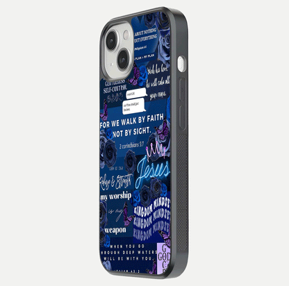 Kingdom Faith Glow Glass Case for iPhone 13 side-angle image with reflective cross and faith glow
