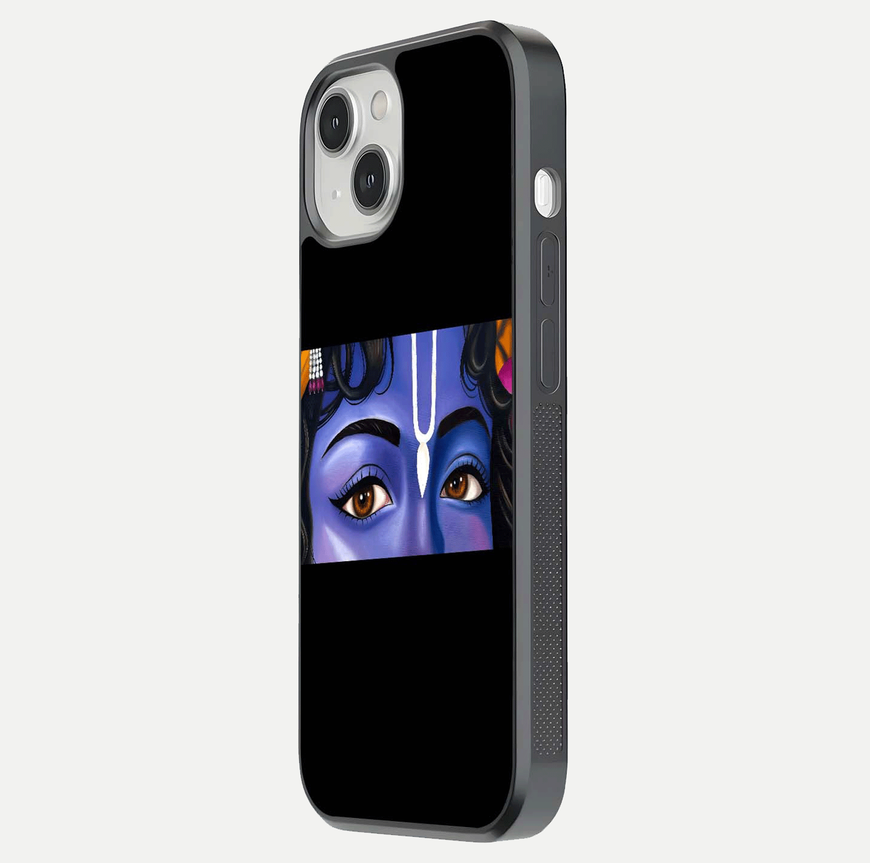 Krishna Eye Glass Case for iPhone 13 side-angle image showing reflection clarity and Krishna symbol design