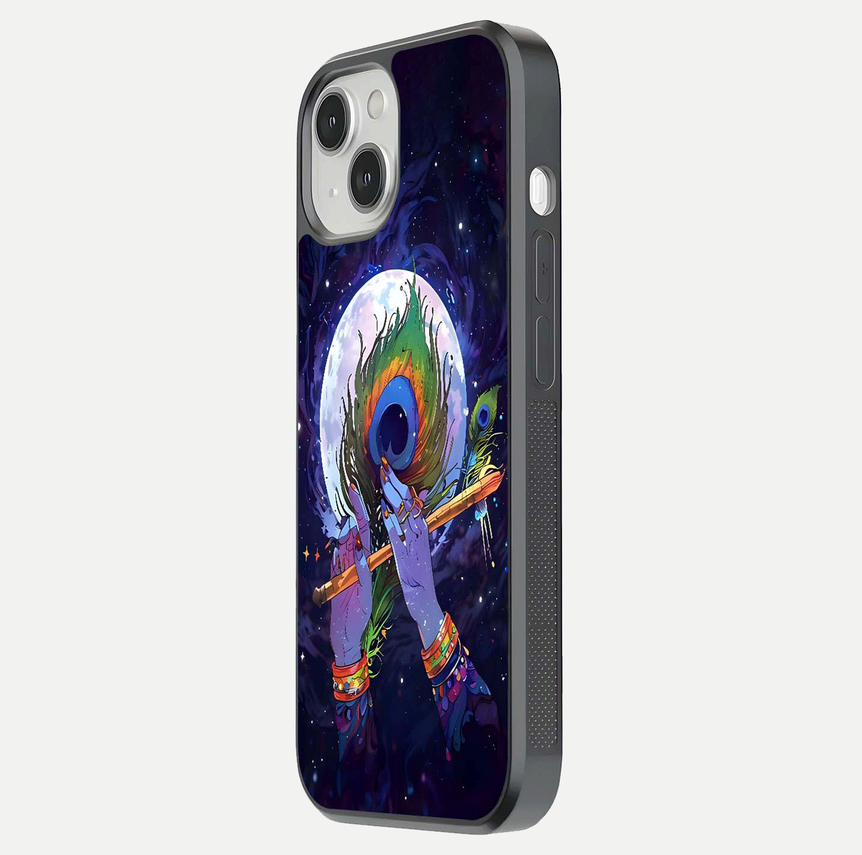Krishna Hands Art Glass Case for iPhone 13 side-angle image highlighting reflection brightness and vivid print