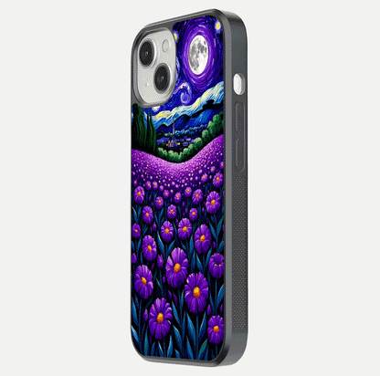 Lavender Moon Field Glass Case for iPhone 13 side-angle image showing HD reflection and moonlit lavender art