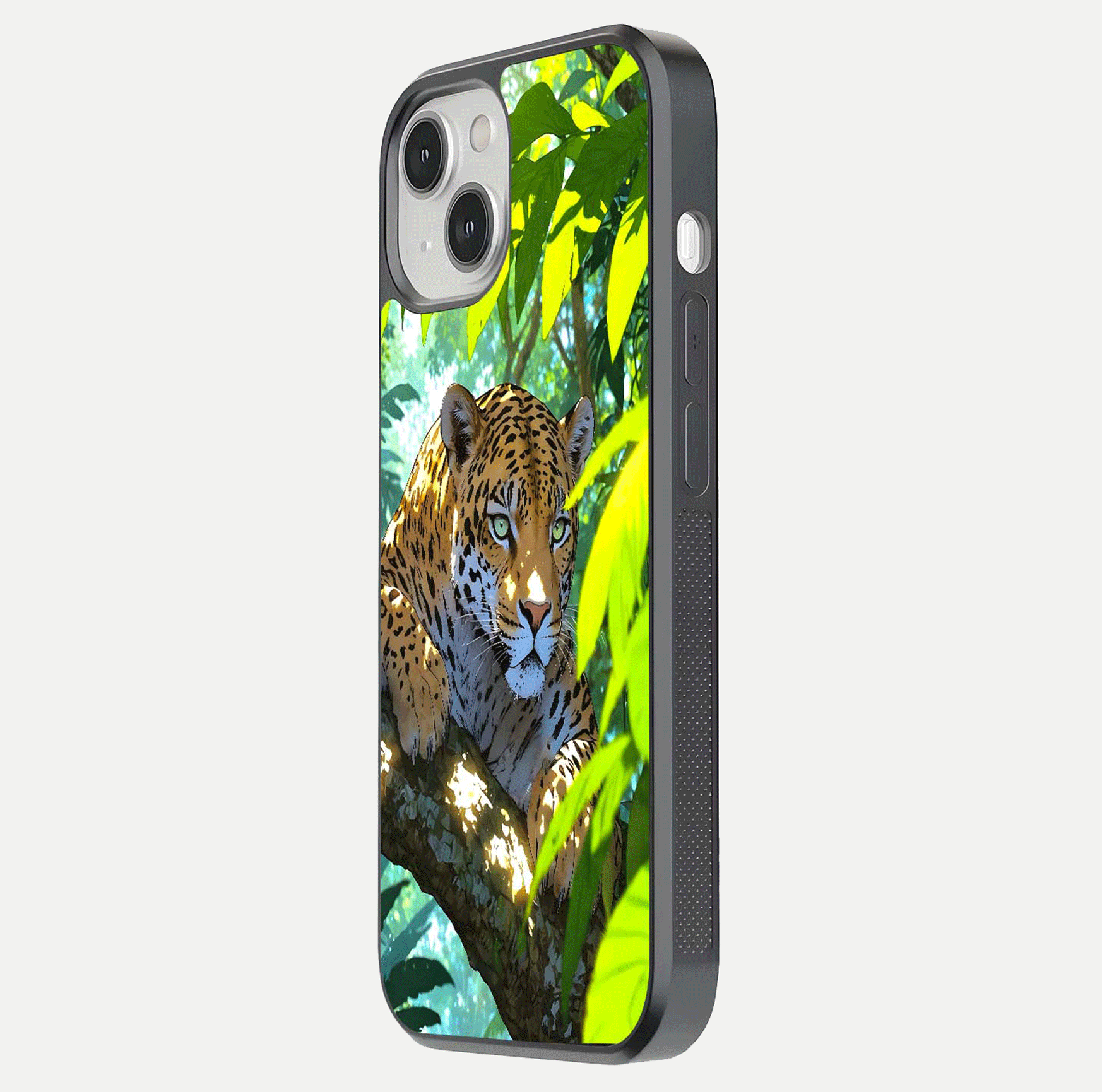 Leopard in Jungle Glass Case for iPhone 13 side-angle shot emphasizing contrast and fierce design clarity