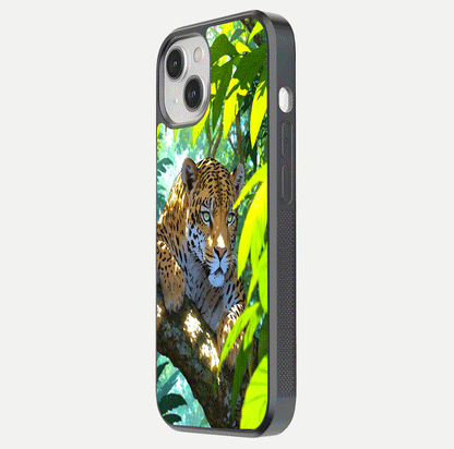 Leopard in Jungle Glass Case for iPhone 13 side-angle shot emphasizing contrast and fierce design clarity