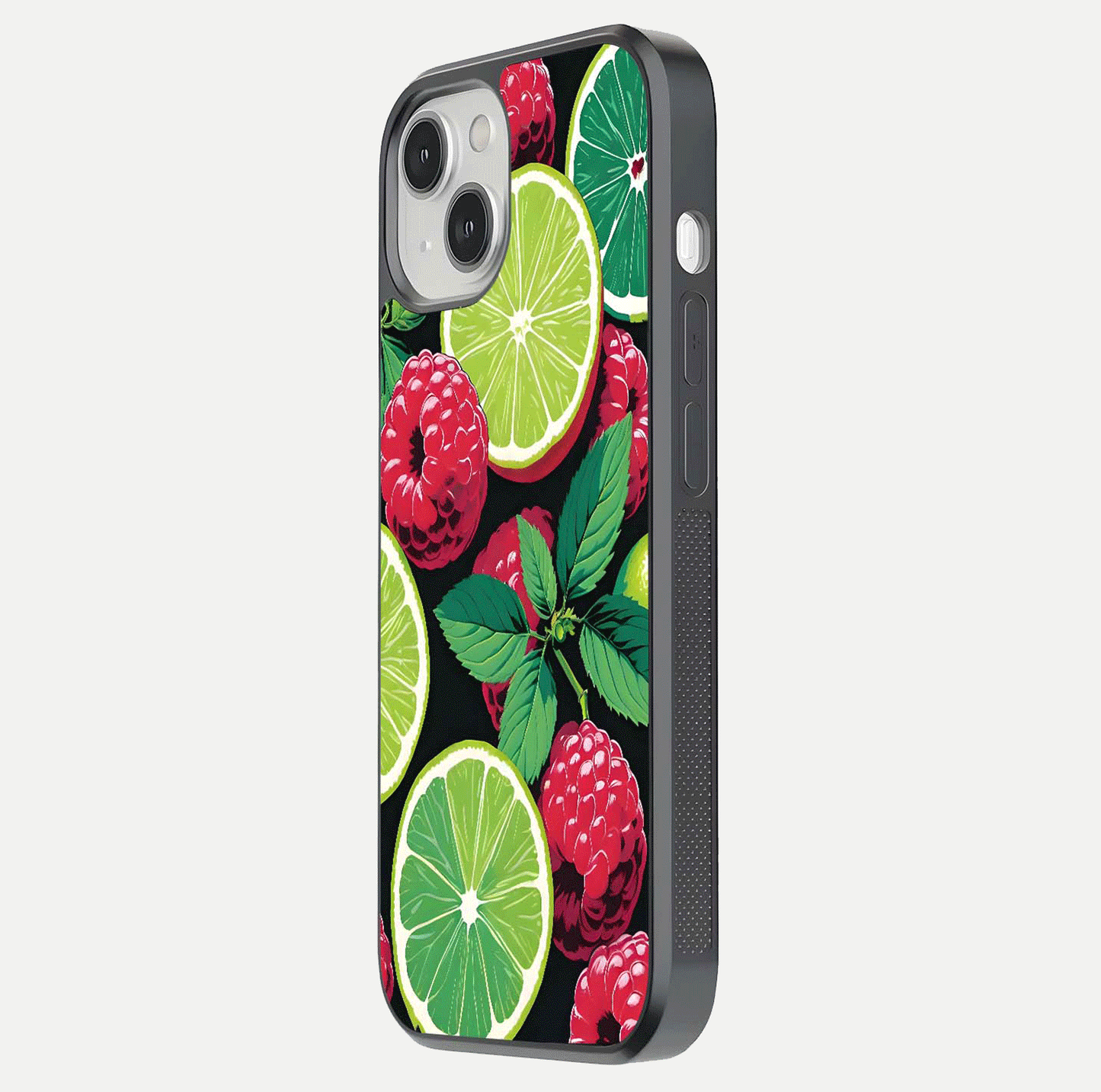 Lime and Raspberry Pattern Glass Case for iPhone 13 side-angle view revealing colorful fruit artwork details