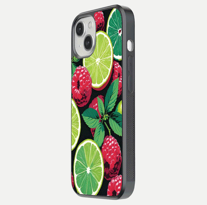 Lime and Raspberry Pattern Glass Case for iPhone 13 side-angle view revealing colorful fruit artwork details