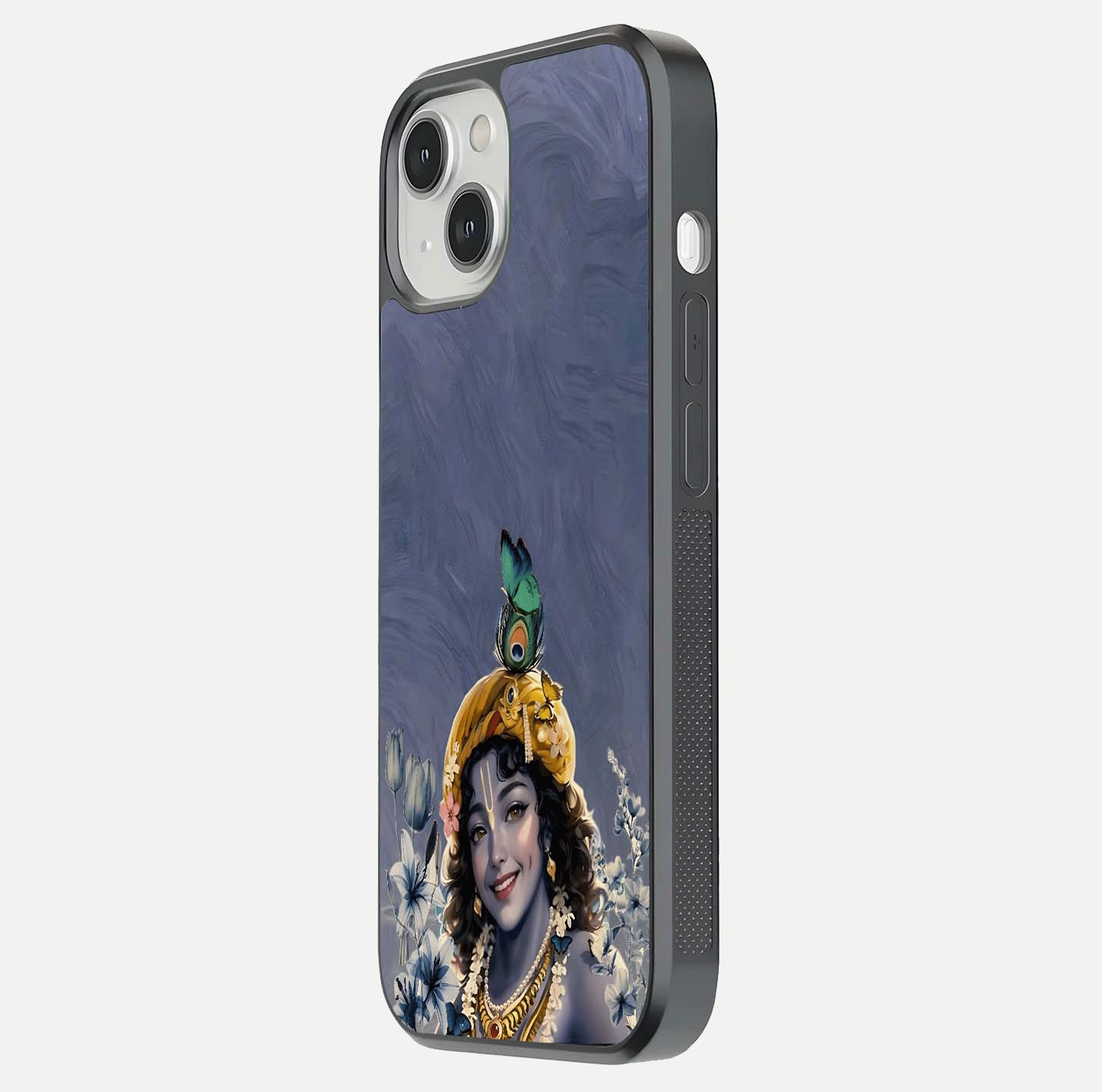 Lord Krishna Glass Case for iPhone 13 side-angle image emphasizing premium reflection and sacred motif