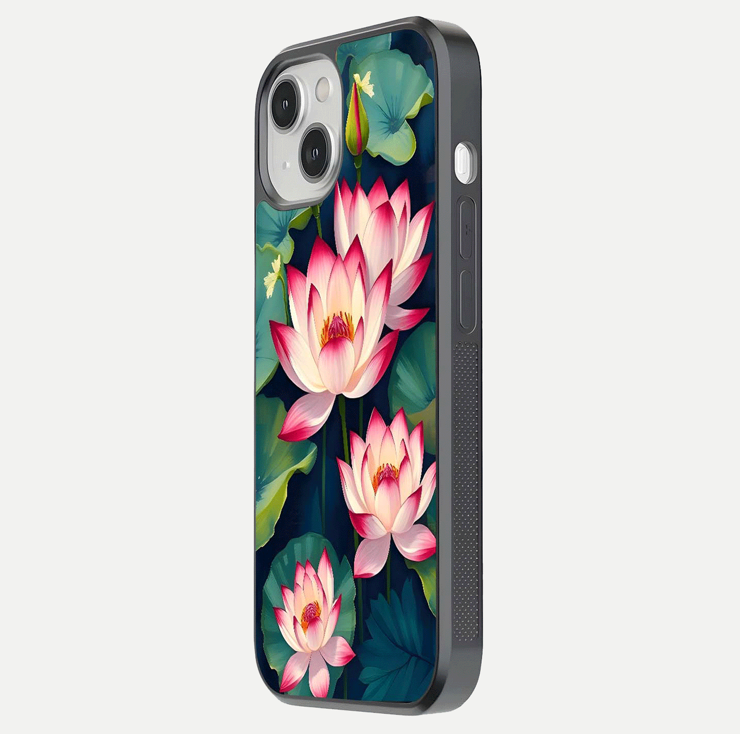 Lotus Dream Serenity Glass Case for iPhone 13 side-angle image revealing reflection clarity and calm tones