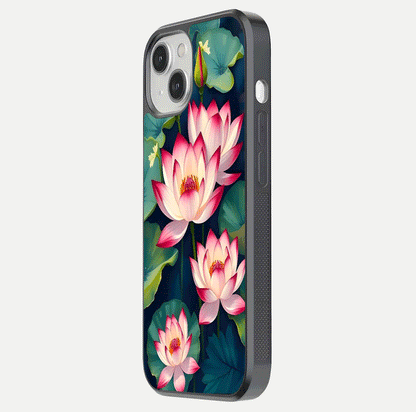 Lotus Dream Serenity Glass Case for iPhone 13 side-angle image revealing reflection clarity and calm tones