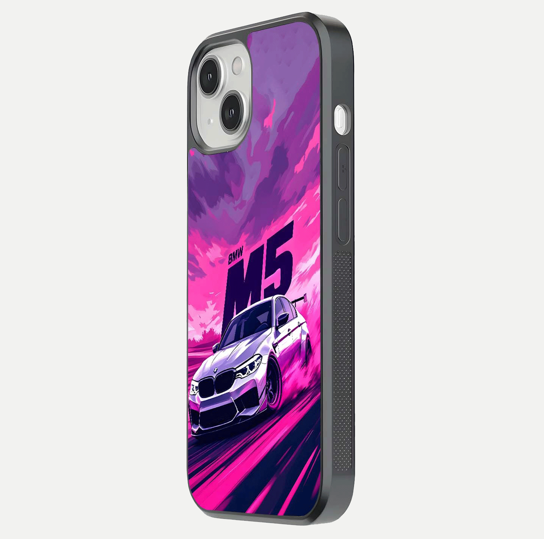 MS Neon Car Glass Case for iPhone 13 side-angle image showing glow reflection and car detailing