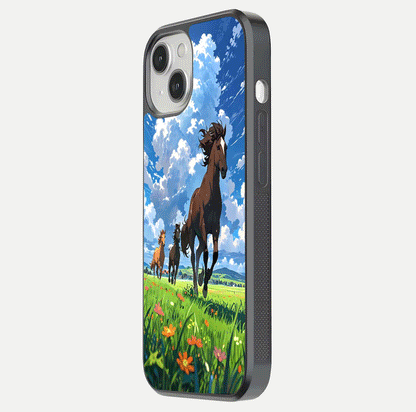 Majestic Horses Galloping Glass Case for iPhone 13 side-angle shot emphasizing reflection and running artwork