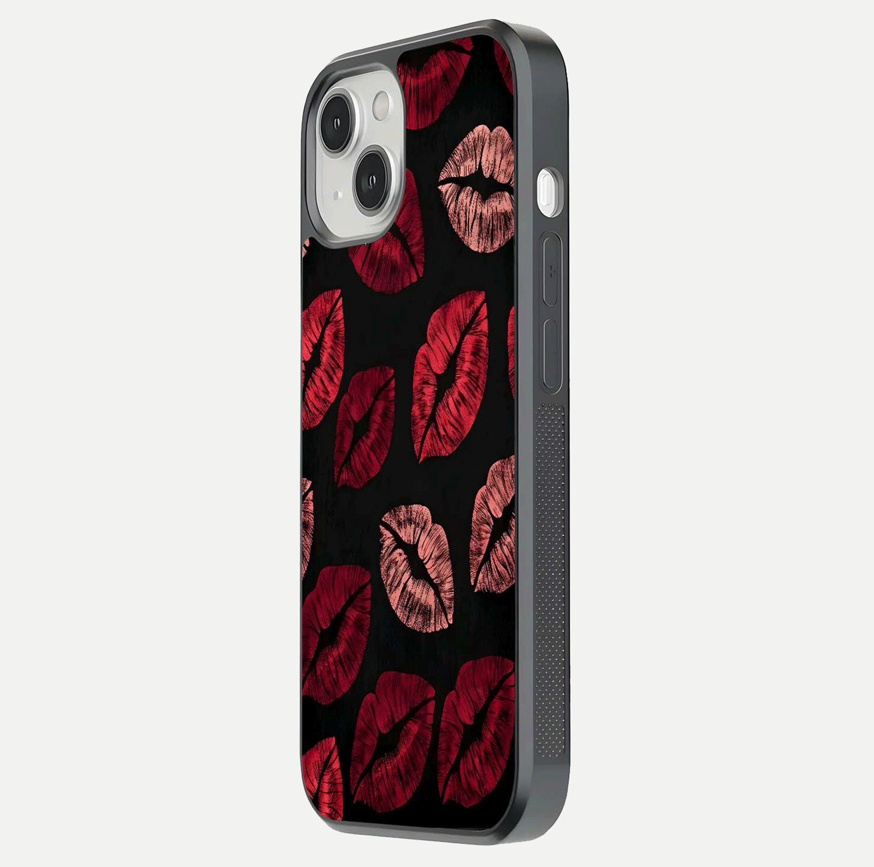 Midnight Kiss Love Glass Case for iPhone 13 side-angle image revealing gloss texture and deep love motif