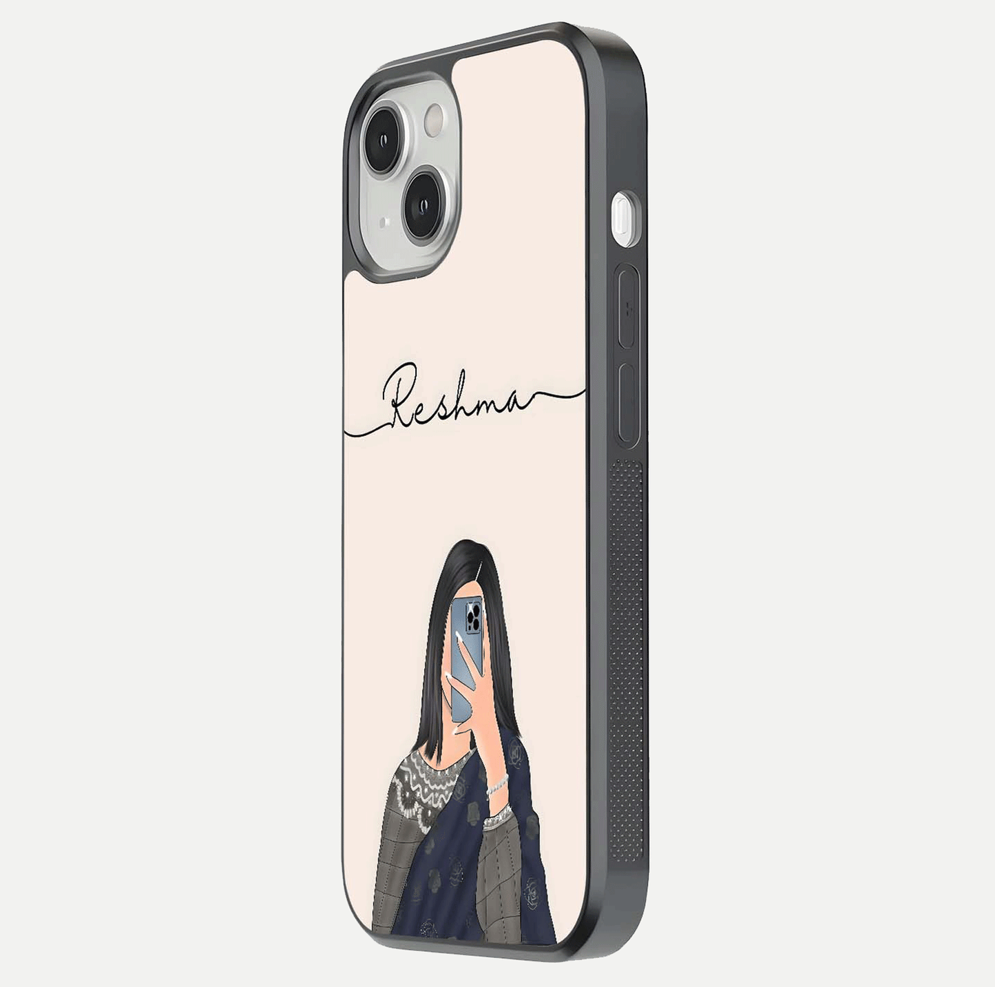 Mirror Mood Muse Custom Name Glass Case for iPhone 13 side-angle image emphasizing glossy mirror texture