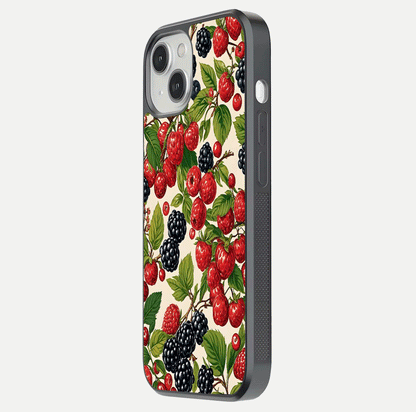 Mixed Berry Collage Glass Case for iPhone 13 side-angle image showing reflection and HD fruit texture