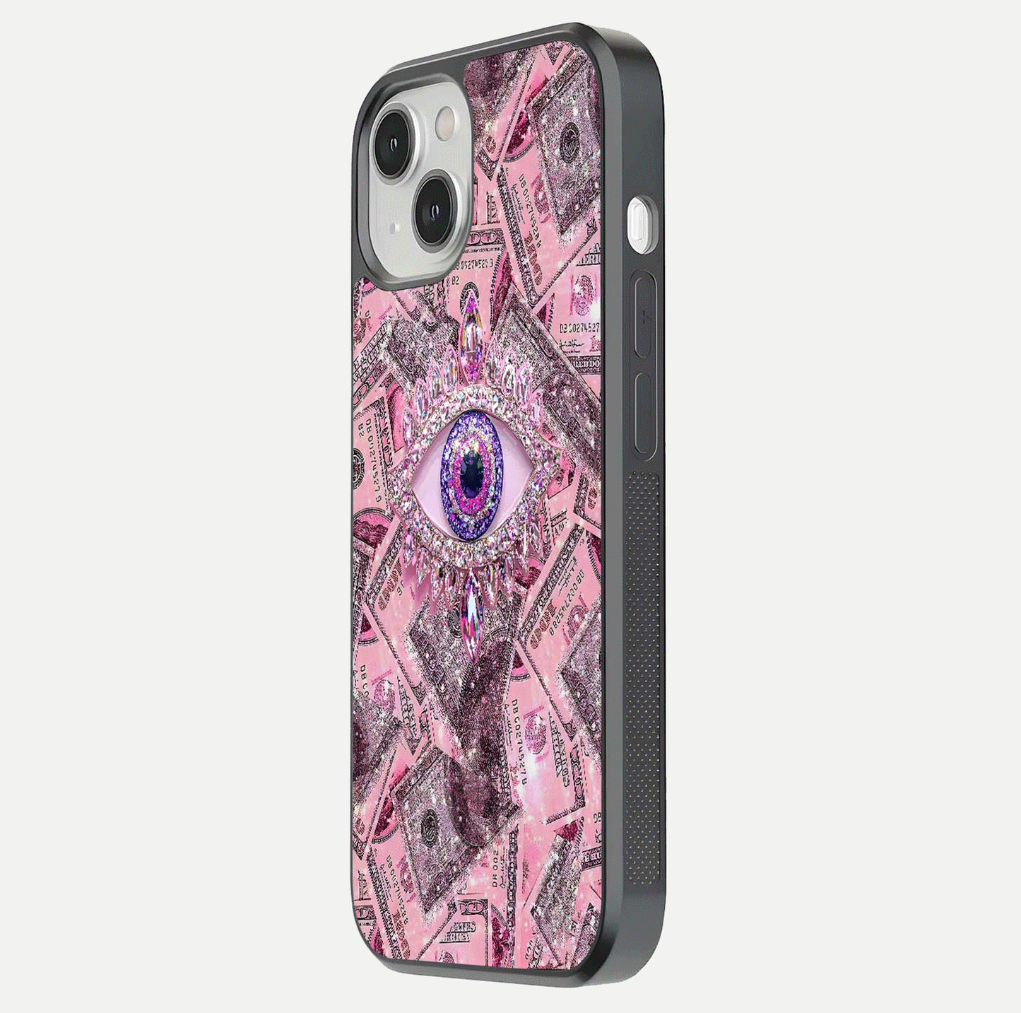 Money Eye Luxe Glass Case for iPhone 13 side-angle image showing HD reflection and luxury print clarity