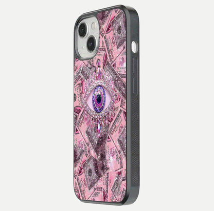 Money Eye Luxe Glass Case for iPhone 13 side-angle image showing HD reflection and luxury print clarity
