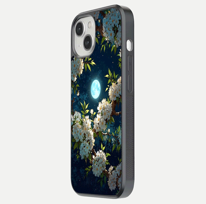 Moonlit Blossom Dream Glass Case for iPhone 13 side-angle image showing shine depth and flower glow
