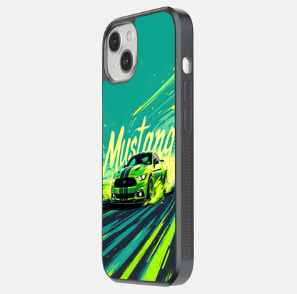 Mustang Bang Glass Case for iPhone 13 side-angle image showing reflection clarity and bold car artwork