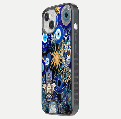 Mystic Blue Evil Eye Glass Case for iPhone 13 side-angle image showing smooth gloss and charm design