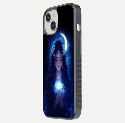 Mystic Moon Queen Glass Case for iPhone 13 side-angle image showing reflection and celestial details