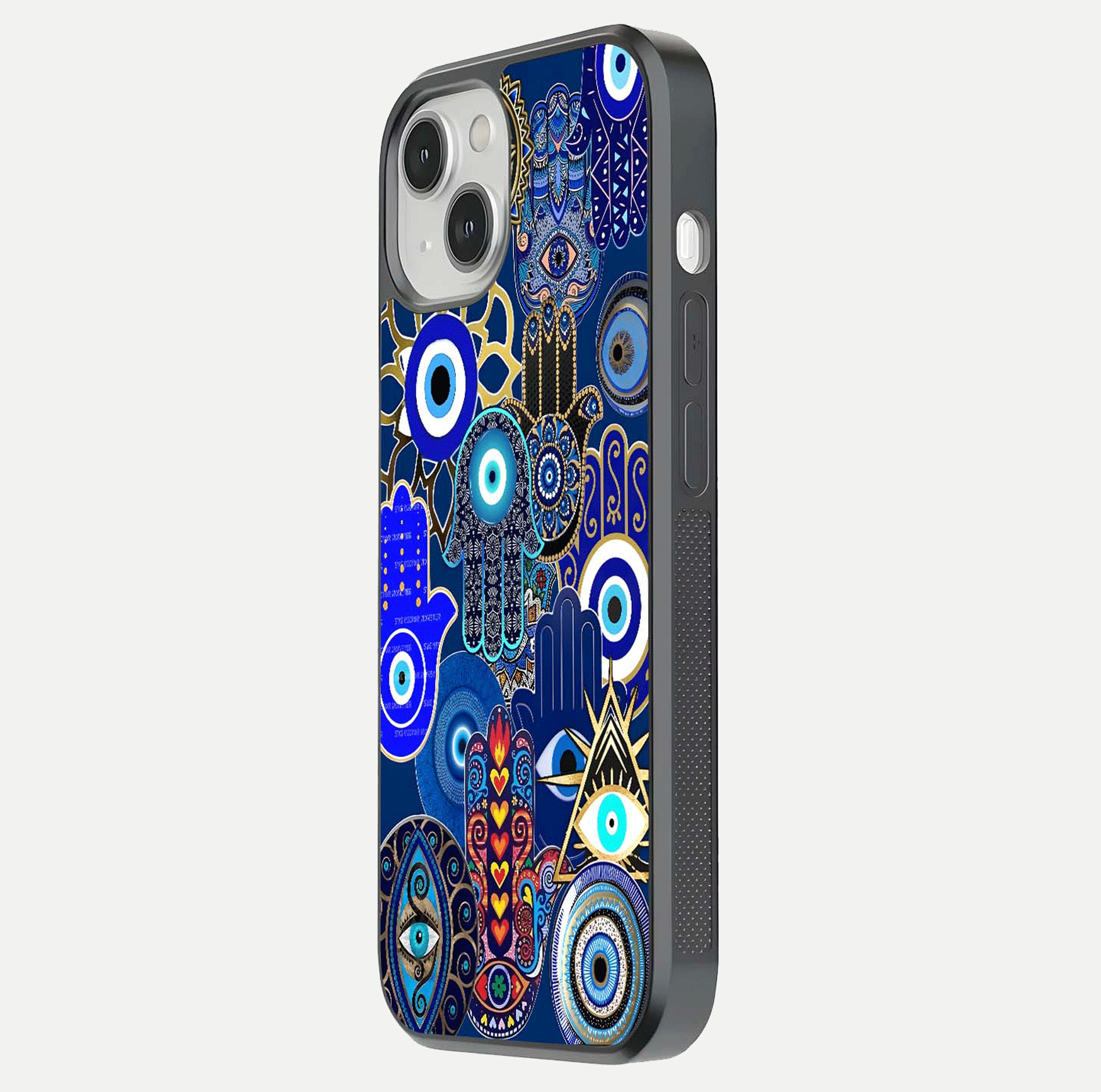 Mystic Palm Guard Glass Case for iPhone 13 side-angle image showing shine depth and sacred motif