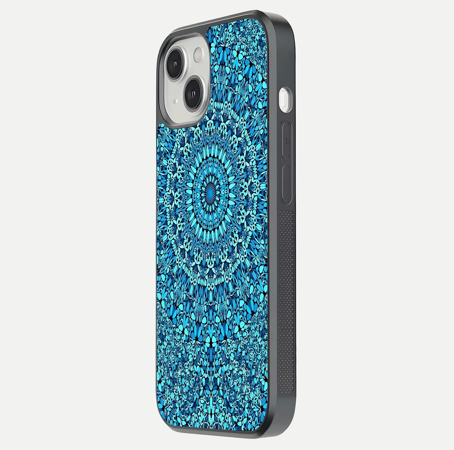 Ocean Bloom Mandala Glass Case for iPhone 13 side-angle image showing reflection and detailed floral pattern