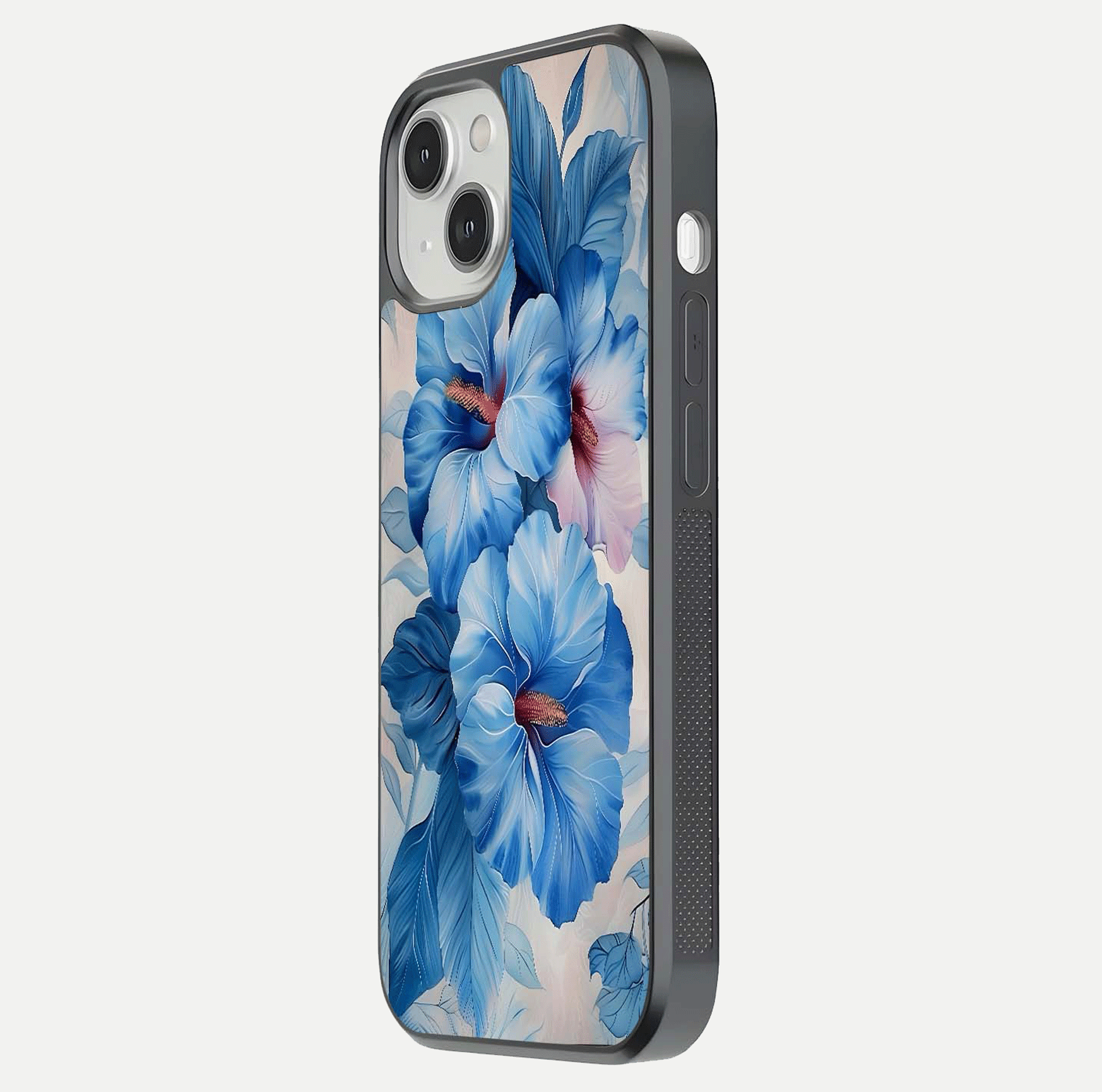 Ocean Hibiscus Grace Glass Case for iPhone 13 side-angle image showing smooth texture and hibiscus details