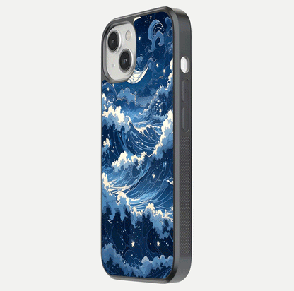 Ocean Moon Waves Glass Case for iPhone 13 side-angle image showing shine and ocean gradient tones