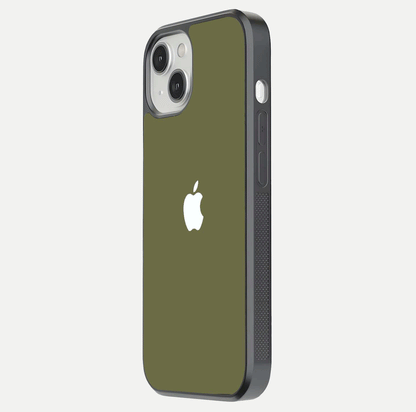 Olive Matte Essence Glass Case for iPhone 13 side-angle image showing soft hue and elegant smooth surface