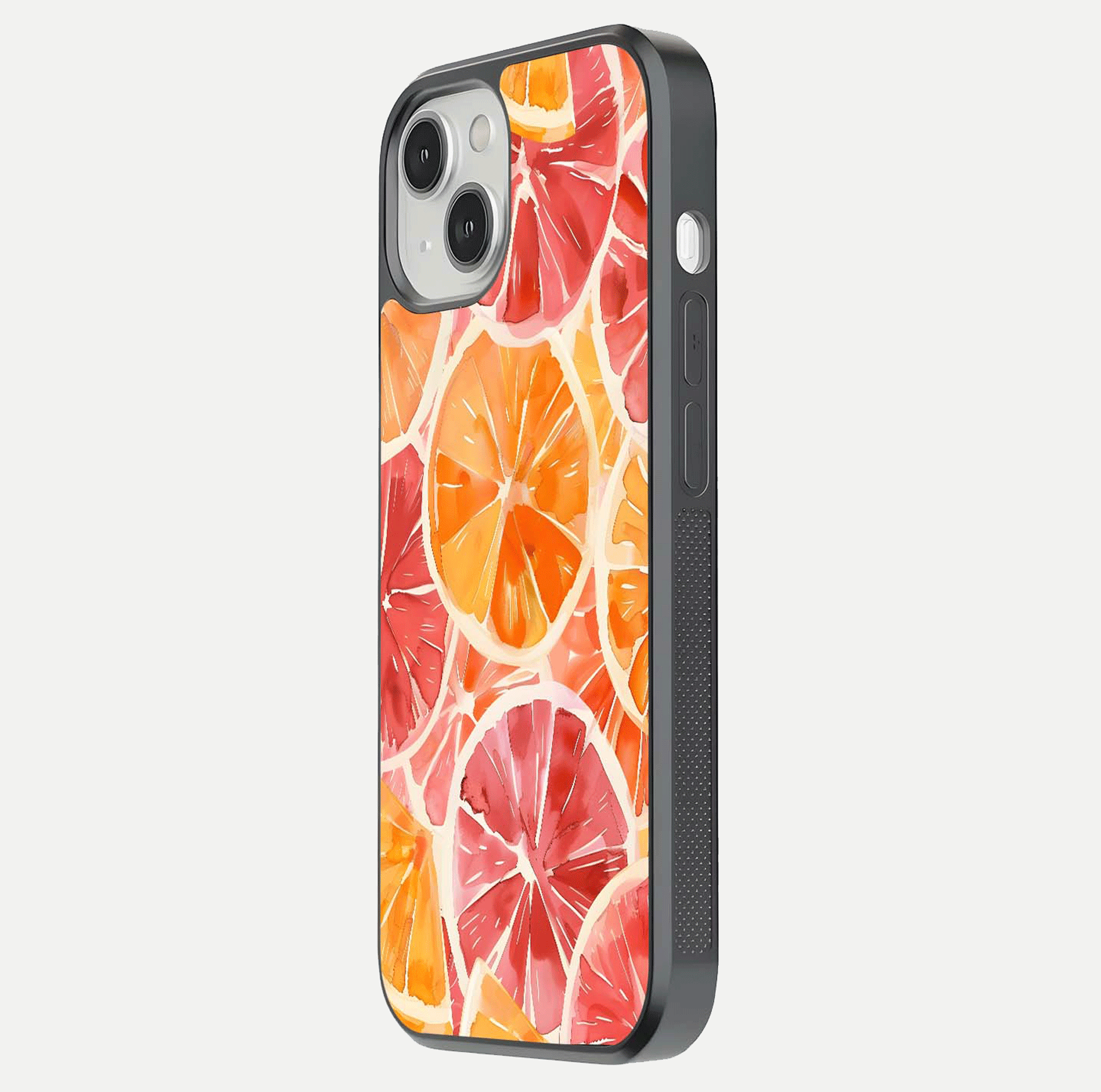 Orange Fruits Pattern Glass Case for iPhone 13 side-angle image showing glossy shine and citrus pattern