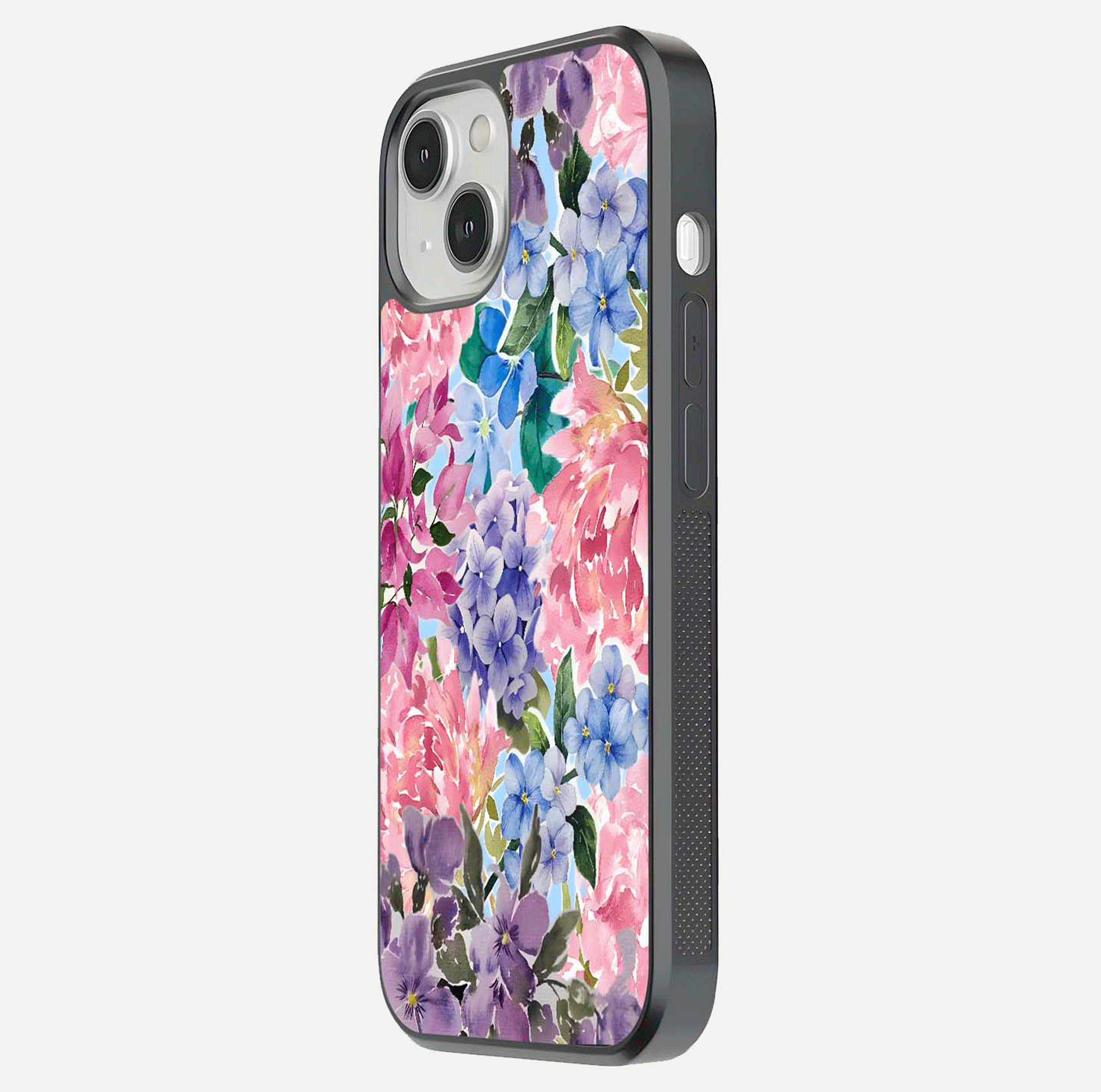 Pastel Floral Mix Glass Case for iPhone 13 side-angle image showing reflection and delicate pastel hues