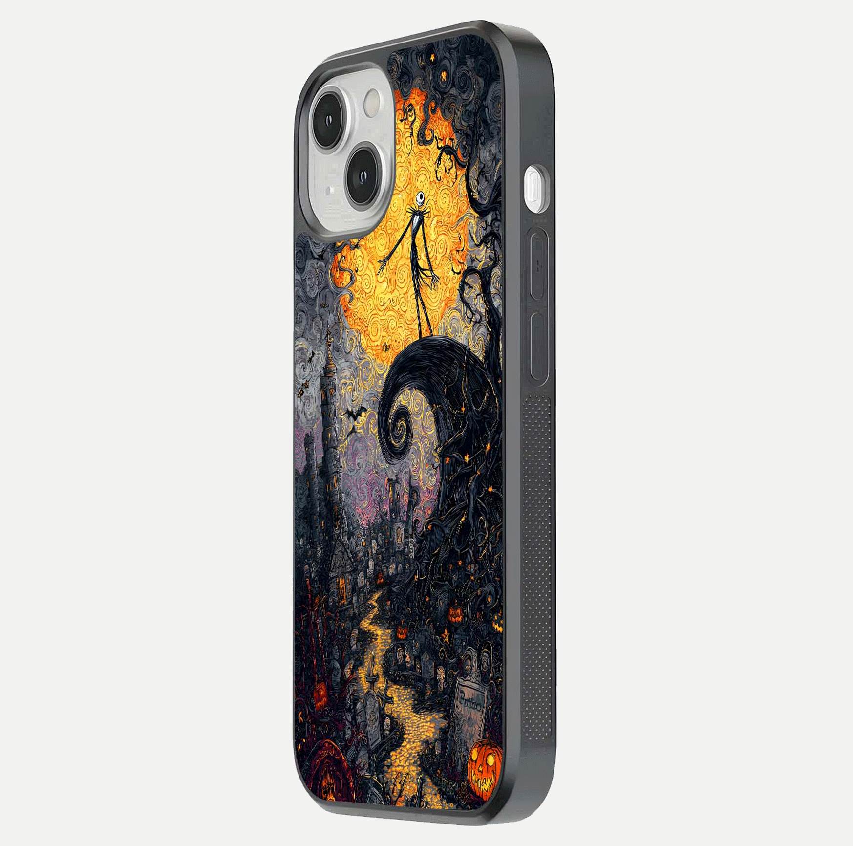 Pumpkin Moon Night Glass Case for iPhone 13 side-angle image showing reflection depth and pumpkin pattern