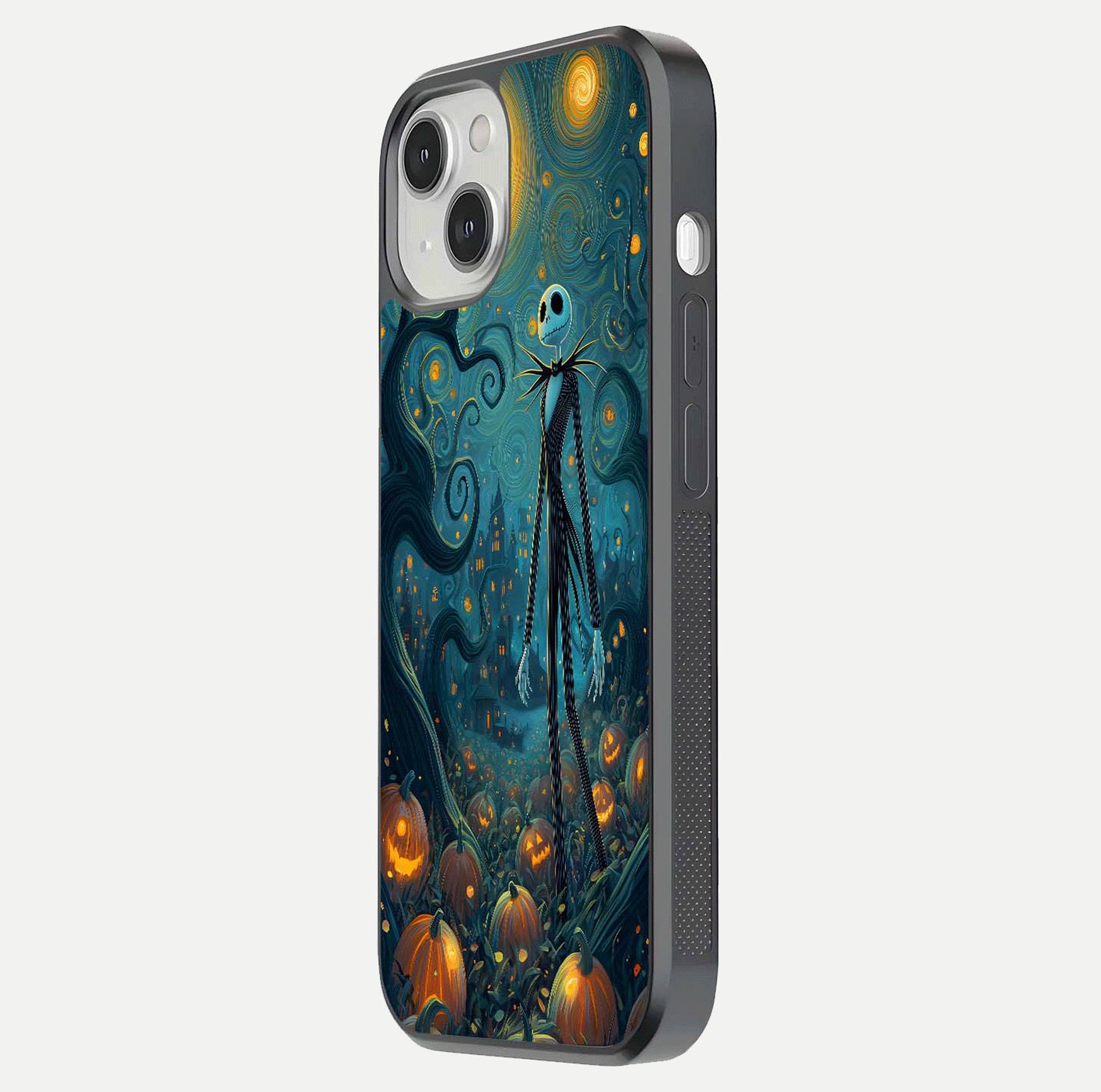 Pumpkin Moonlight Tale Glass Case for iPhone 13 side-angle image showing glow texture and Halloween vibe