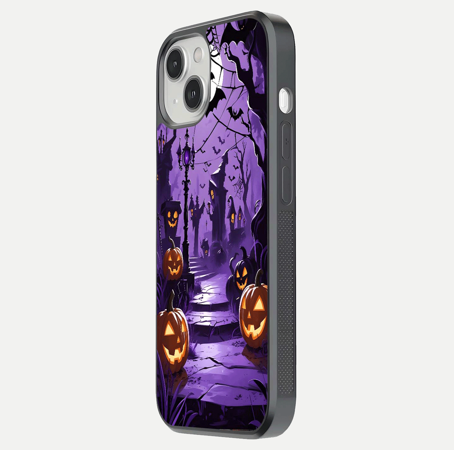 Pumpkin Patch Halloween Glass Case for iPhone 13 side-angle image showing shine, camera cutout, and spooky art