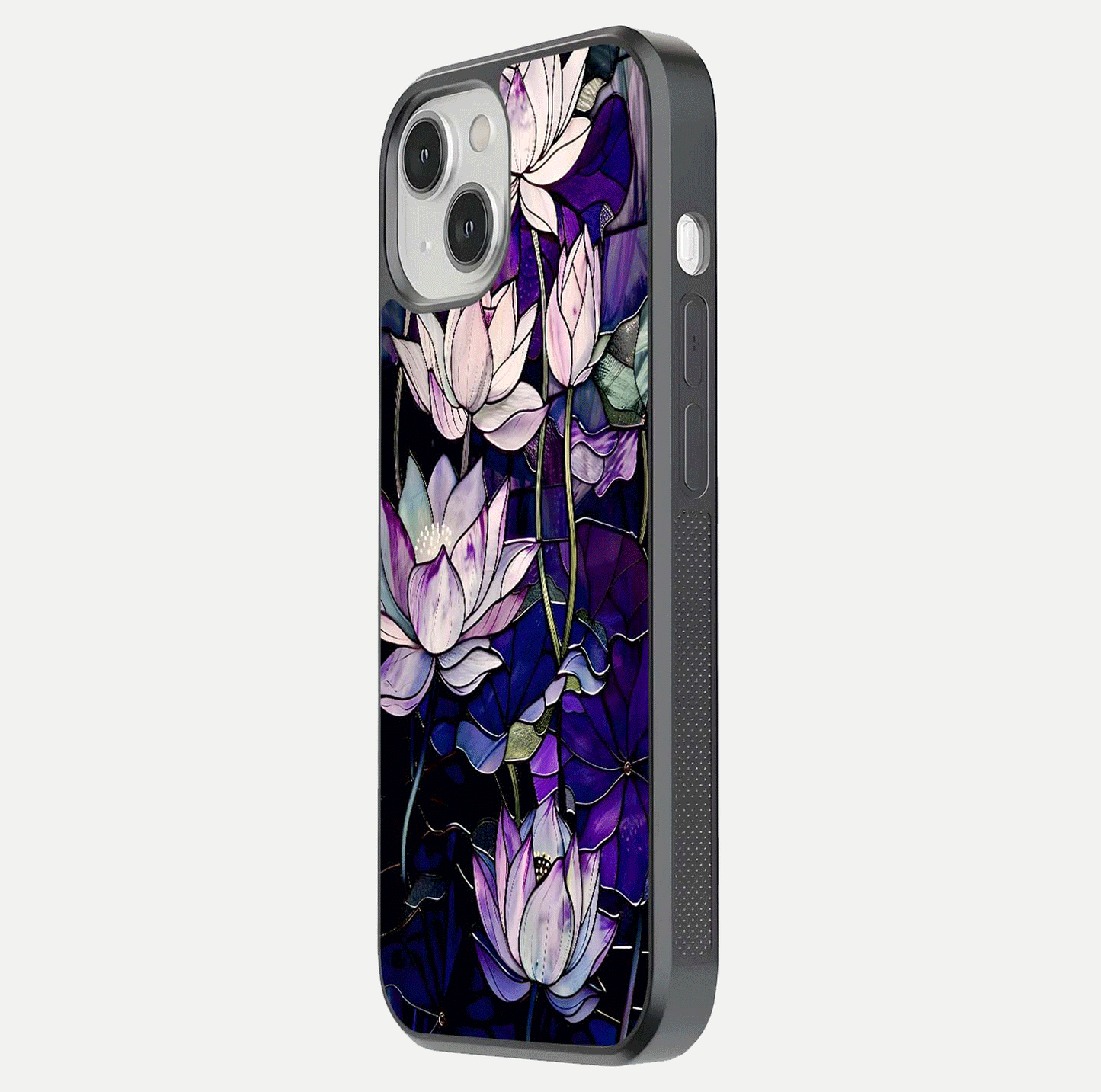 Purple Lotus Pattern Glass Case for iPhone 13 side-angle image showing reflection depth and lotus detail